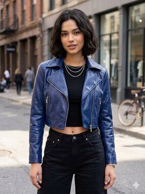 Bebe Shiny Rolyal Blue Leather Moto Jacket